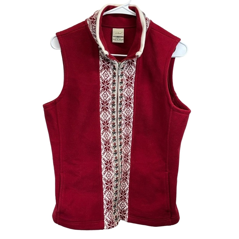 Vintage L.L.Bean Women's Red Fleece Decorative‎ Trim Full Zip Vest Medium